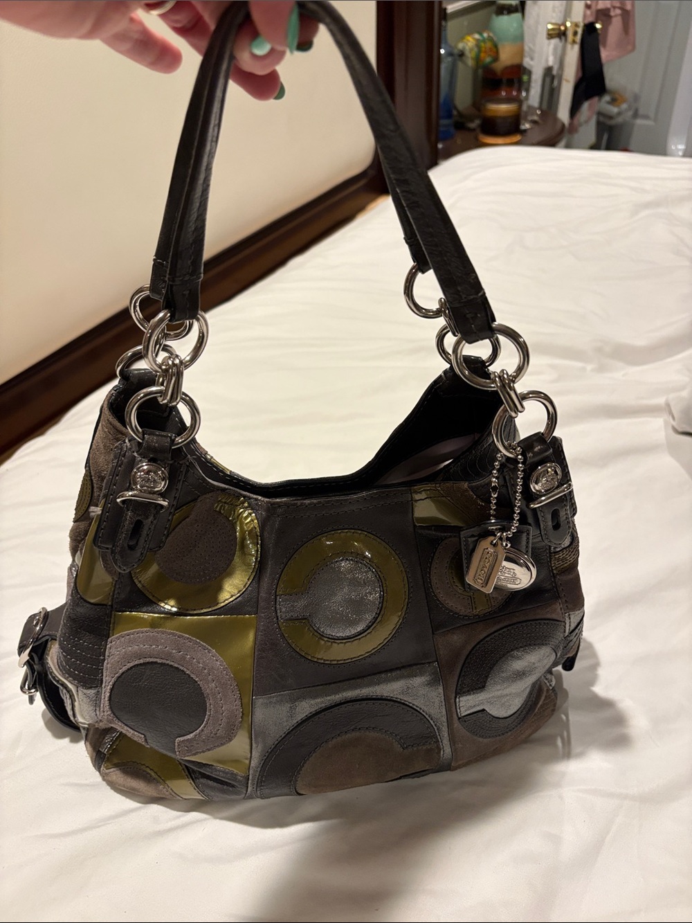 Coach Patchwork Circle Shoulder Bag in Olive, Brown & Gray